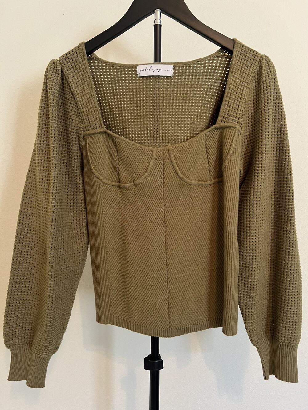 Petal & Pup Women’s Retro Green Corset Style Sweater with Puff Sleeves Sz L